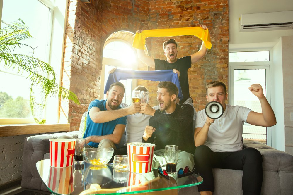 Como se divertir assistindo jogos: 10 dicas 2 group friends watching game tv home sport fans spending time having fun together