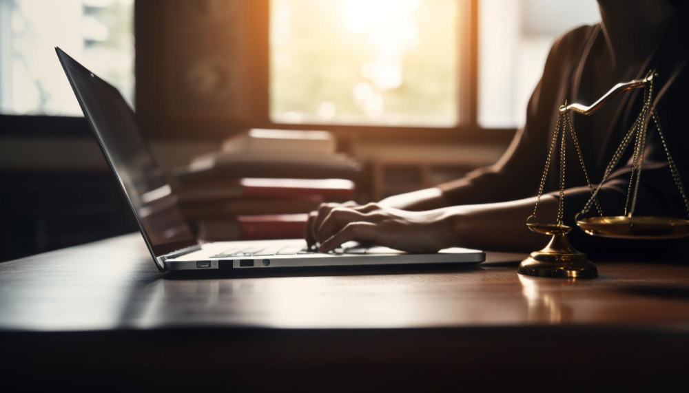 Como Economizar no escritório? Reduzir custos e recursos 2 uma mulher digitando no laptop no escritorio gerado pela ia